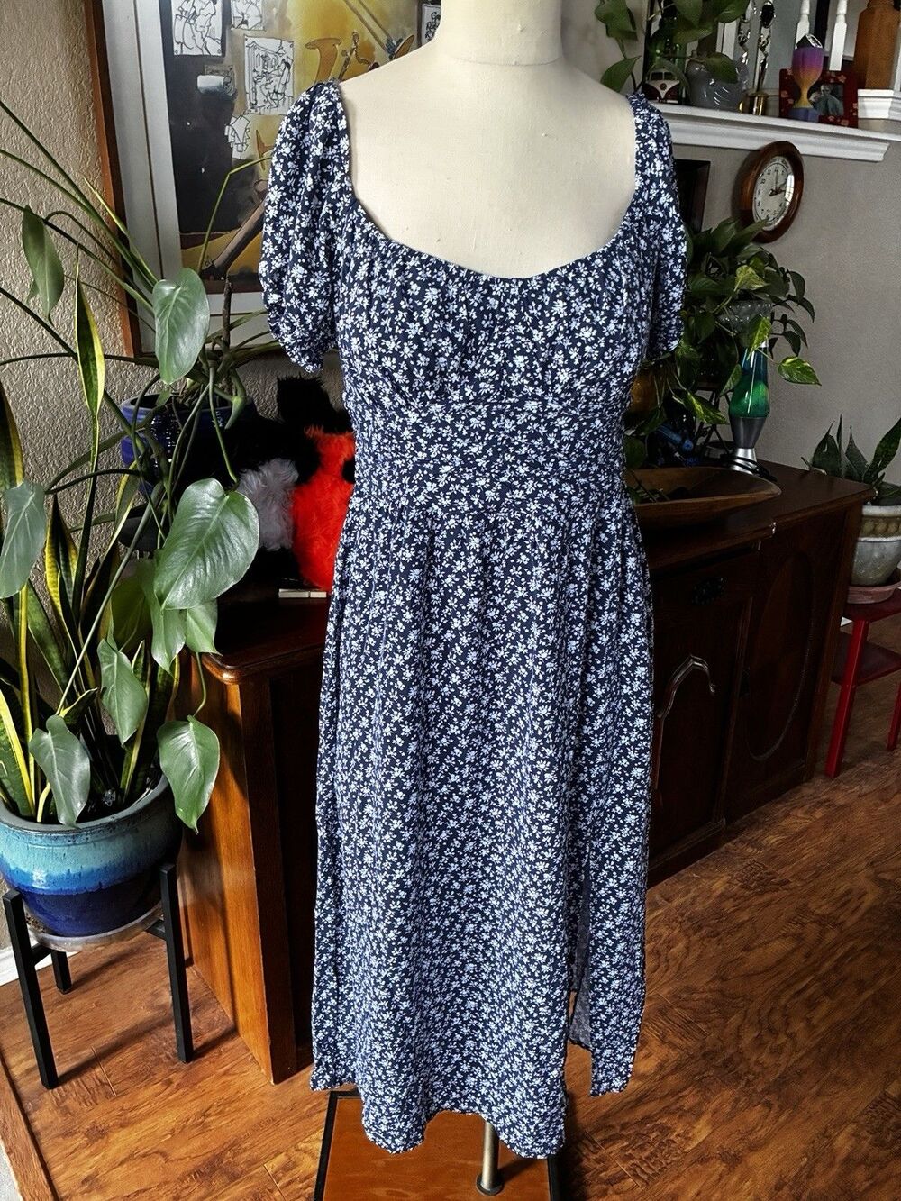 Hollister Midi Dress Large Blue Floral Cottage Peasant Boho Garden Festival
